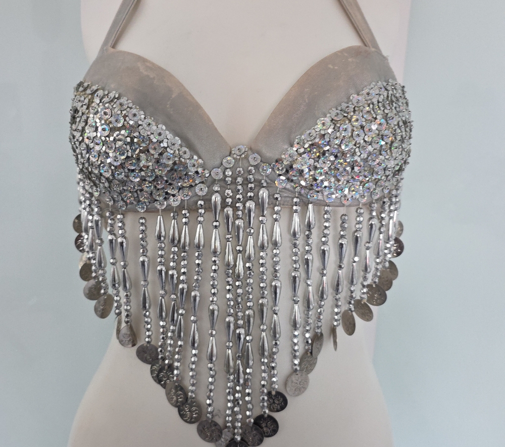 Silver Sequin Fringe Halter Crop Top